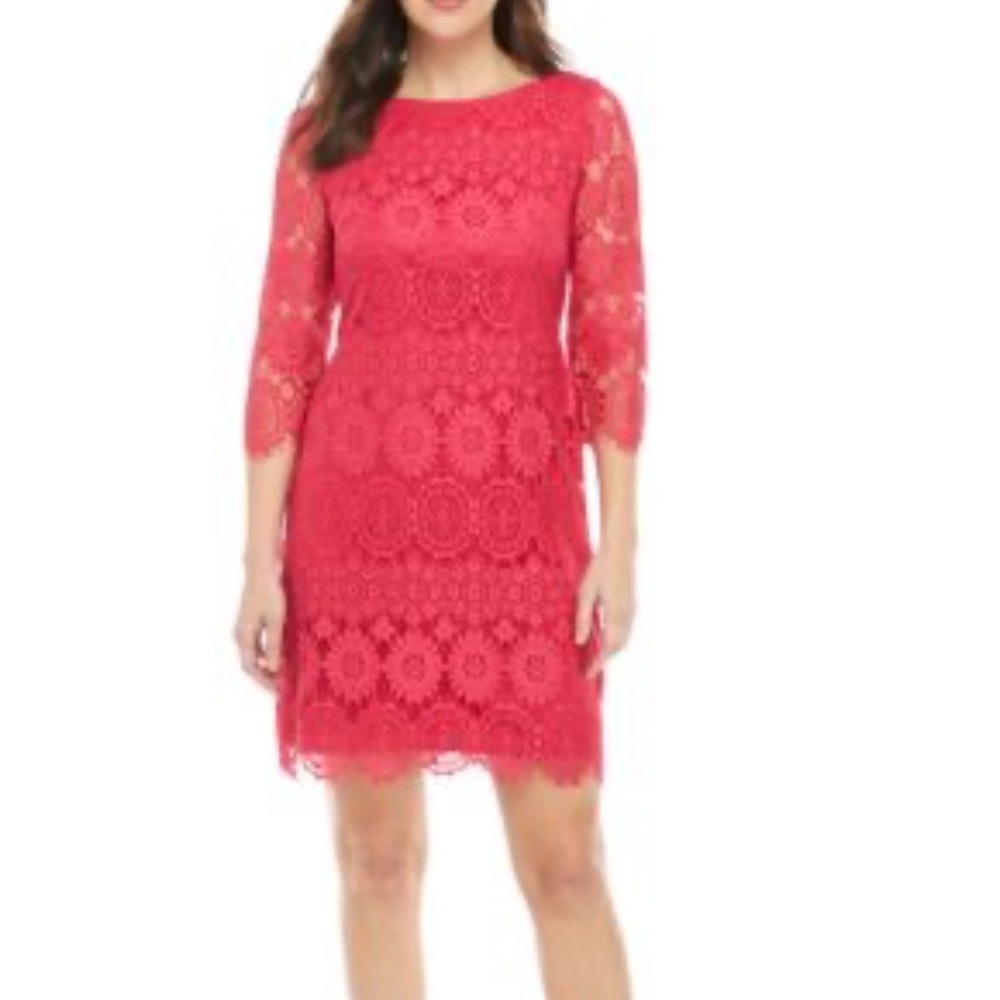 Jessica Howard Women's‎ Lace Dress Size 10 Pink Floral 3/4 Sleeve Lined Party
